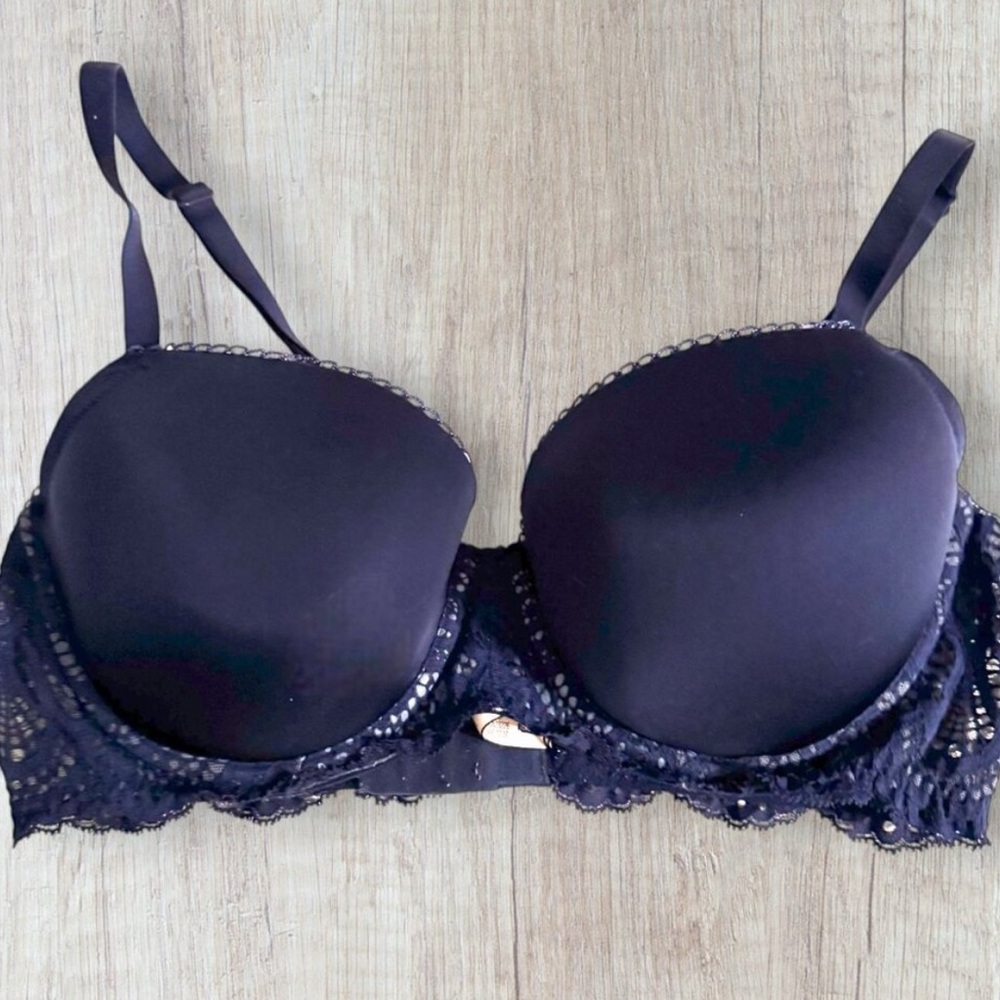 VICTORIA'S SECRET Lined Demi Dream Angels Navy Blue Lace Bra 36D